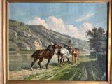 a painting of two men riding horses in a field