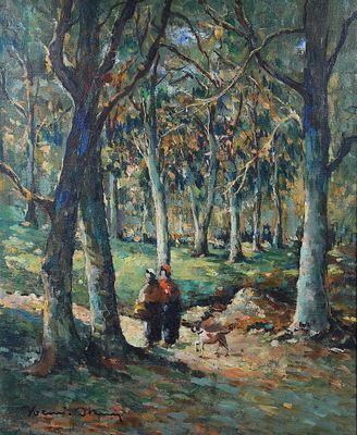 une peinture à l'huile représentant deux personnes se promenant dans un bois
