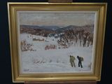 a painting of two people walking in the snow