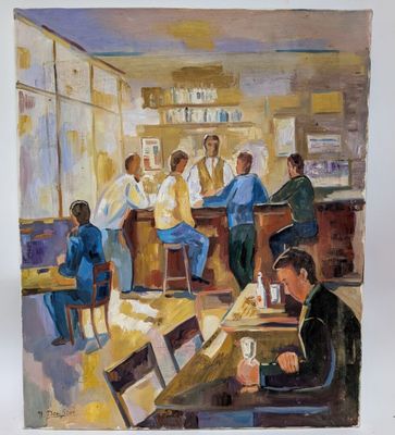 a painting of a group of people sitting at a table
