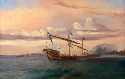 une peinture à l'huile représentant un navire en mer, avec le ciel en arrière-plan
