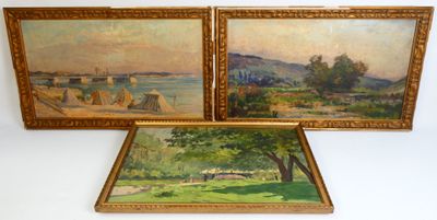 three framed paintings of a landscape with a river and a bridge