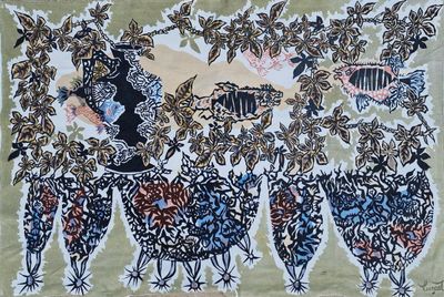 une image représentant un tableau avec des oiseaux et des fleurs sur fond vert