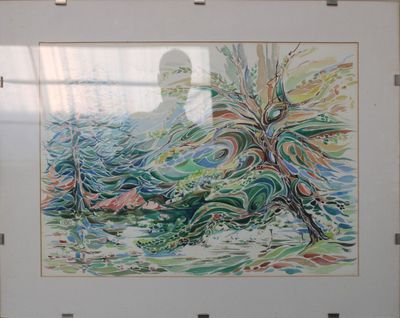 tableau représentant un homme debout devant un tableau représentant un arbre