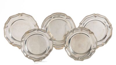 six silver plated dishes on a white surface with a white background