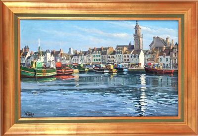 a painting of boats in a harbor with buildings in the background