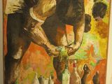 a painting of a man bending over to pick up something