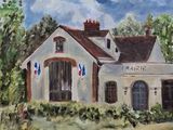 une peinture à l'huile représentant une maison blanche avec un drapeau sur le toit
