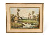 une peinture à l'huile représentant un paysage avec un ruisseau et des arbres