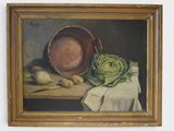 a painting of a bowl and vegetables on a table