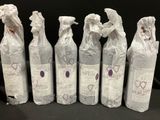six bottles of wine wrapped in white paper sitting on top of a table