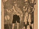 a black and white image of a boy and a girl holding a flag