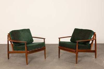 pair of mid century danish lounge chairs in teak and green velvet
