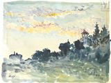 aquarelle représentant un paysage avec des arbres et des nuages dans le ciel