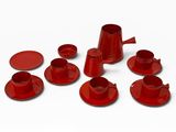 beaucoup de tasses et soucoupes rouges sur un fond blanc
