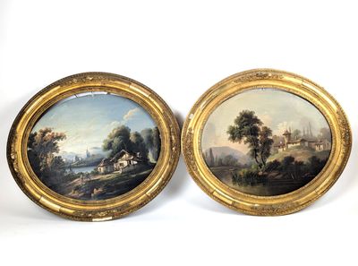 paire de tableaux du XIXe siècle, à l'huile sur toile, représentant un paysage champêtre