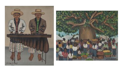two paintings of a man and a woman standing in front of a tree