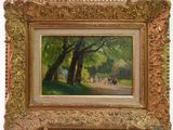 une peinture à l'huile représentant une scène de parc où l'on voit des personnes marcher sur un sentier