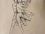an old book with a drawing of a woman holding a child