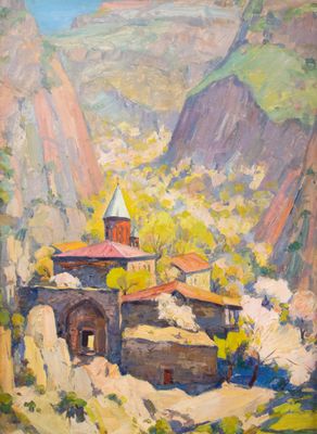une peinture à l'huile représentant une église dans les montagnes