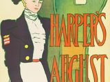 an image of a poster for harper ' s august with a woman in a dress and hat