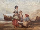 a painting of a group of people sitting on a beach