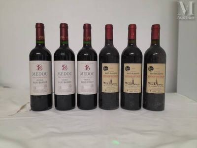 six bottles of red wine are lined up on a table