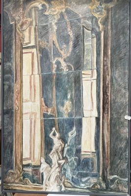 a painting of a woman standing in front of a mirror