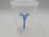 a close up of a plastic cup with a blue logo on it