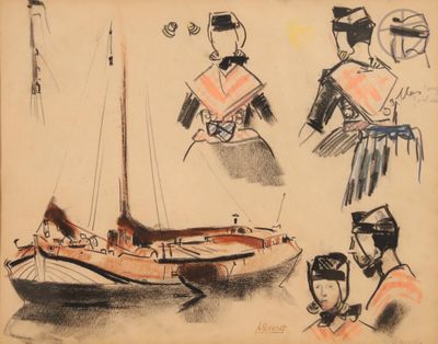 dessin représentant un bateau avec des personnes à bord et un homme portant un chapeau de marin