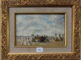 une image représentant un tableau où l'on voit des gens sur la plage avec des parasols