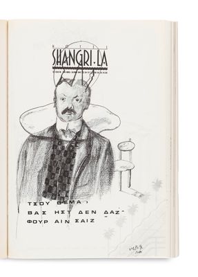 a book with a drawing of a man in a suit and tie
