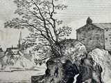 a black and white drawing of a man and a woman sitting on a rock