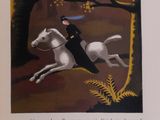 a painting of a woman riding a horse in a forest