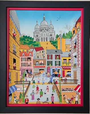 peinture d'une scène de rue avec une église en arrière-plan