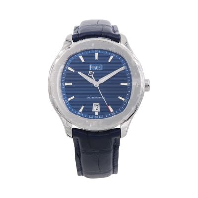 a close up of a wrist watch with a blue dial