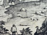 a black and white drawing of a man and a dog on a beach