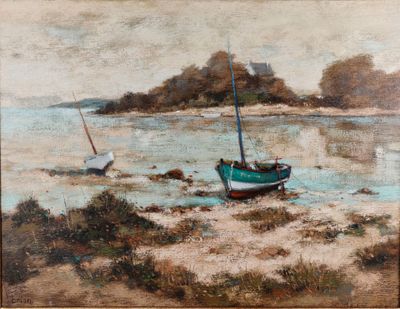 une peinture représentant un bateau au bord d'un plan d'eau