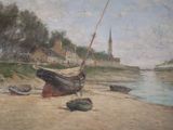 a painting of a boat on the beach near a body of water