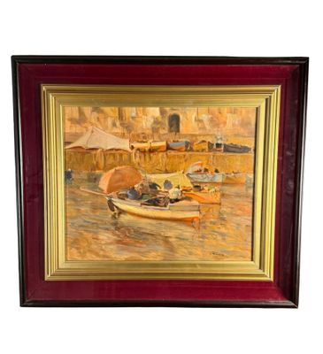 peinture à l'huile encadrée représentant des bateaux dans un port, avec des bâtiments en arrière-plan
