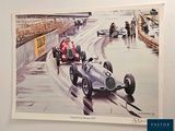une peinture représentant une voiture de course filant sur le circuit