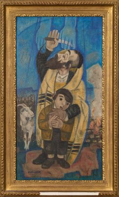 une peinture à l'huile représentant un homme et un enfant, dans un cadre doré