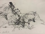 un dessin représentant un homme à cheval qui tombe par terre