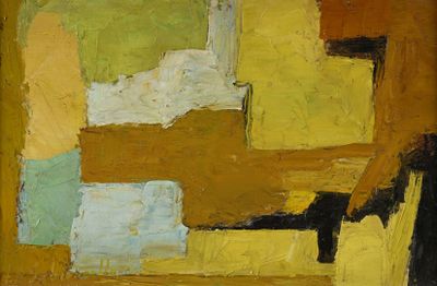abstract painting of a chair and a table in a room
