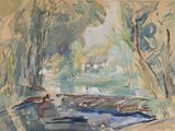 une aquarelle représentant une rivière avec des bateaux