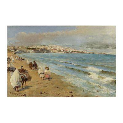 un tableau représentant des personnes marchant sur la plage au bord de l'eau
