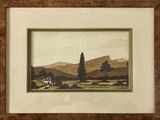 peinture représentant un paysage avec une maison et des arbres au loin