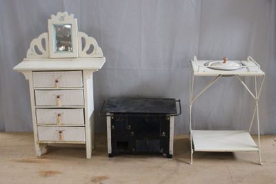 a small table with a mirror on top of it next to a small table with a mirror on top of it