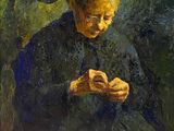 an oil painting of a woman sitting on a bench with a dog
