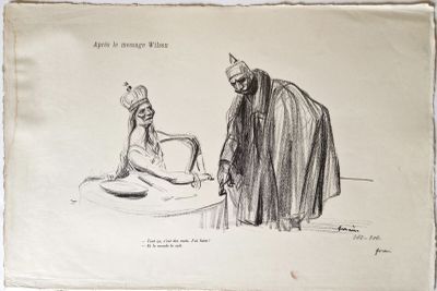 un vieux dessin représentant un homme et une femme assis à une table